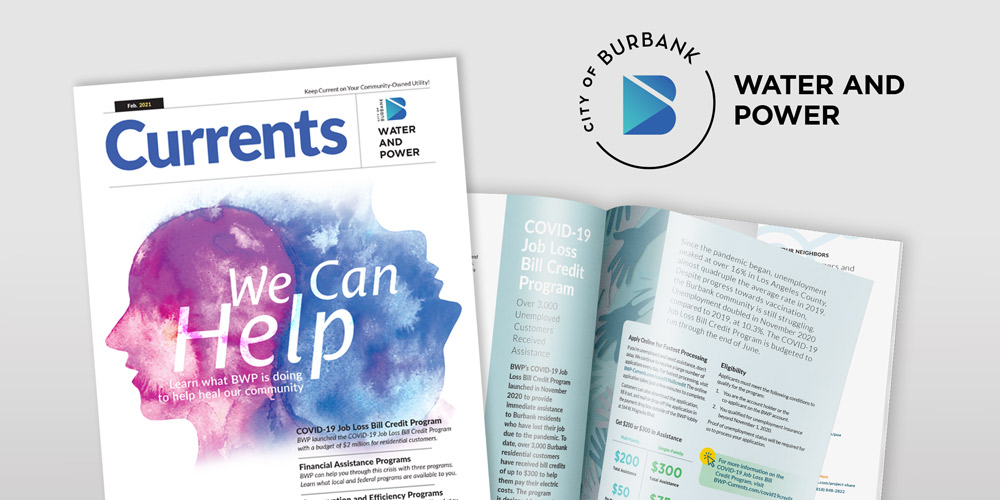 Magazine cover and spread for Burbank Water and Power featuring “We Can Help” COVID-19 bill relief information.