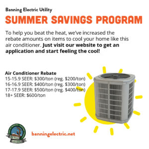 Summer Savings Program Instagram post showing central air conditioner rebates ranging from $300 to $600 per ton based on SEER rating