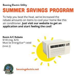Summer Savings Program Instagram post showing a $100 room air conditioner rebate for EnergyStar rated units
