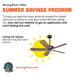 Summer Savings Program Instagram post showing a $50 ceiling fan rebate with a limit of four per customer