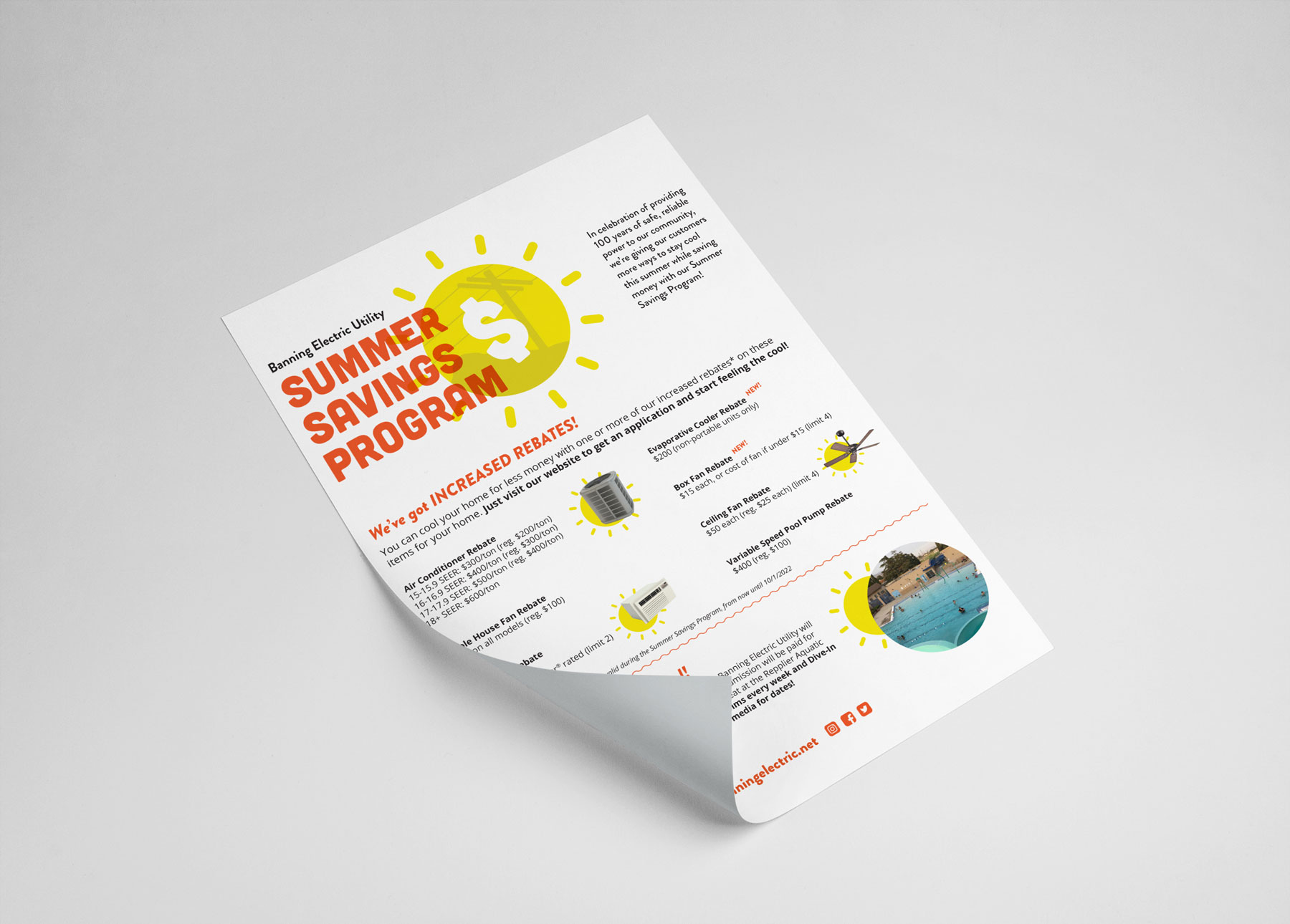 Banning Electric Utility Summer Savings Program flyer in English, featuring bold orange and yellow typography, rebate details for air conditioners and cooling equipment, and a Keep Your Kool at the Pool promotion.