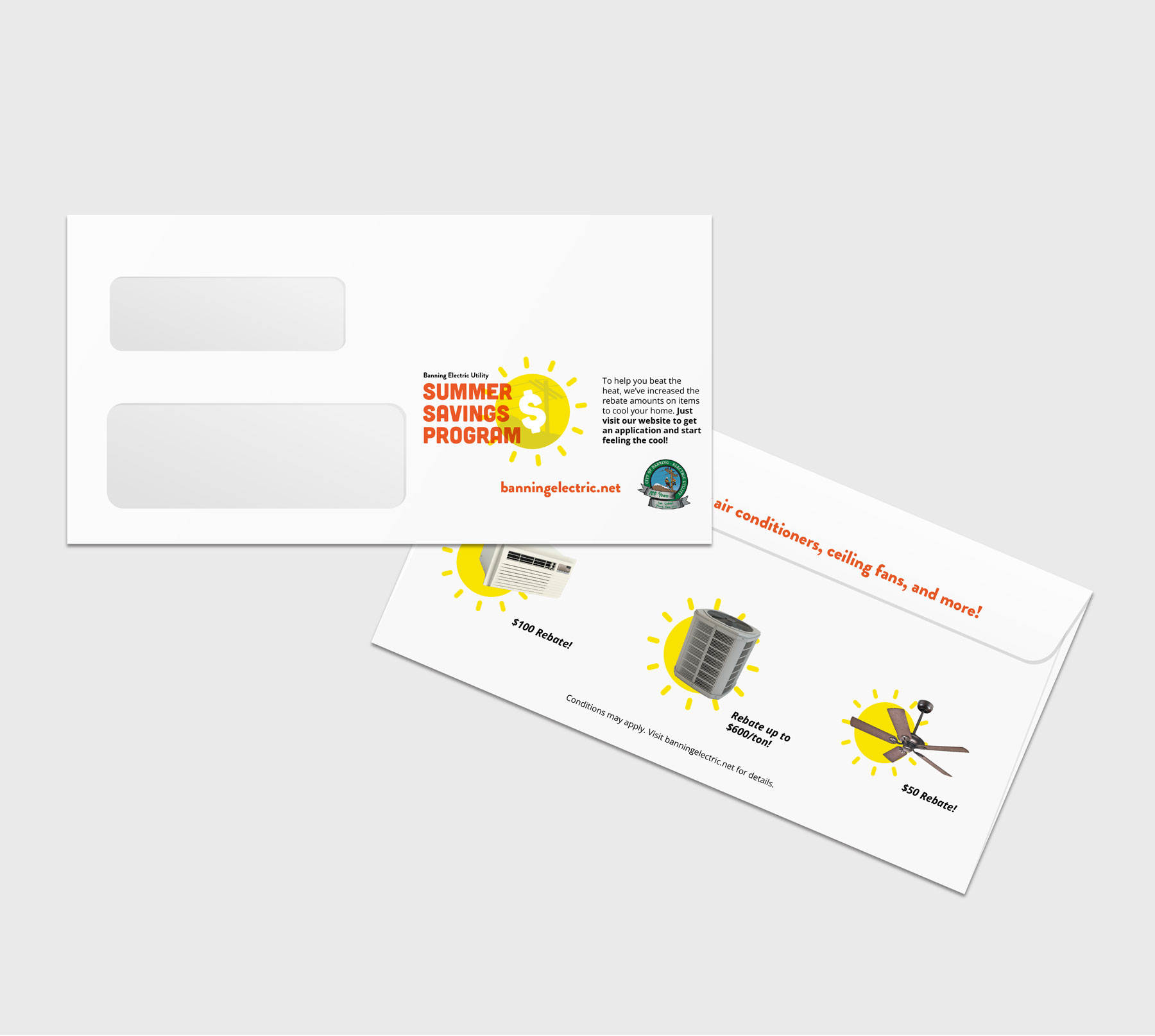 Front and back of a Banning Electric Utility Summer Savings Program direct mail envelope, showing rebate callouts for a room air conditioner, central air conditioner, and ceiling fan.