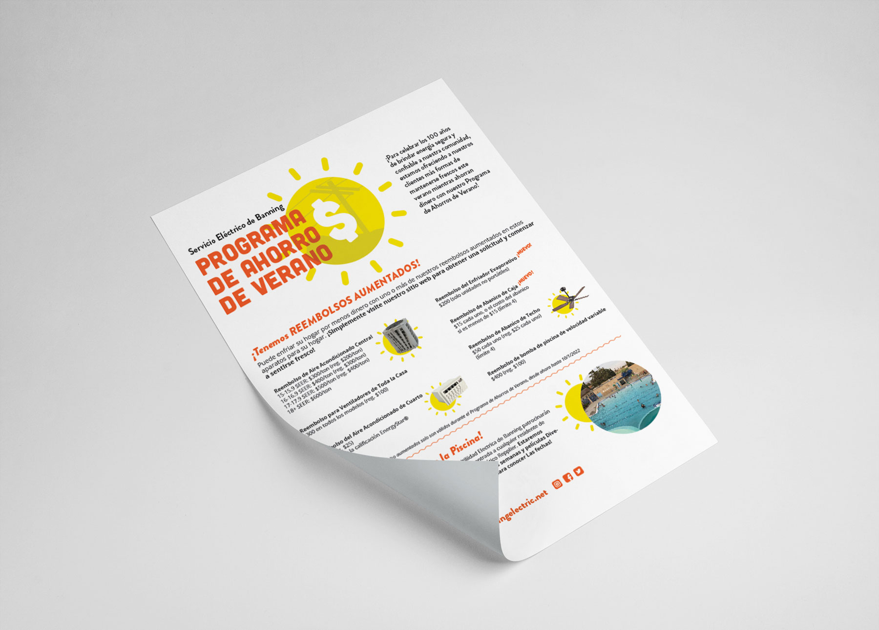 Banning Electric Utility Programa de Ahorro de Verano flyer in Spanish, featuring the same bold orange and yellow design as the English version with rebate information for cooling equipment.