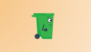 Binny the green bin mascot with a neutral expression
