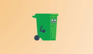 Binny the green bin mascot with a neutral expression