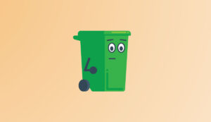 Binny the green bin mascot with a neutral expression