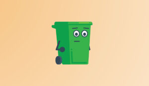 Binny the green bin mascot with a neutral expression