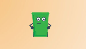 Binny the green bin mascot with a neutral expression