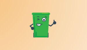 Binny the green bin mascot winking and giving a thumbs up
